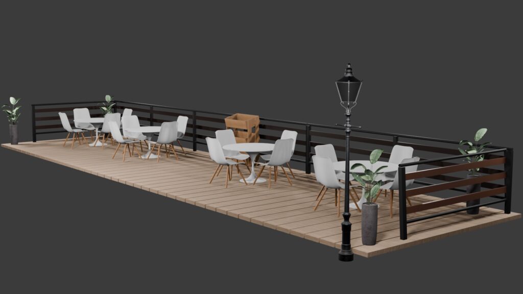 Vue d’une terrasse extérieure en bois avec des chaises blanches au design moderne, des tables rondes, des plantes en pot et un lampadaire noir, sur un fond sombre pour un effet contrasté.