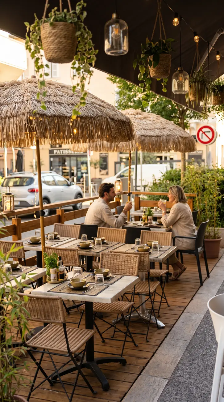 Cafétéria extérieure en service sur une terrasse bois