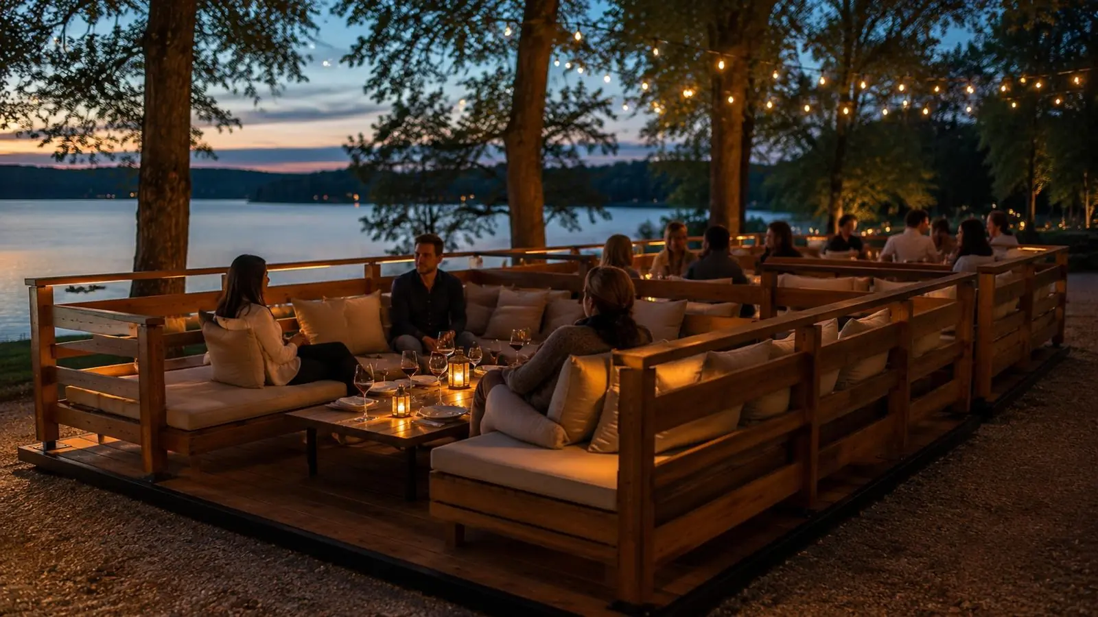 Espace lounge Marc Verde en soirée au bord d'un lac, éclairage intégré