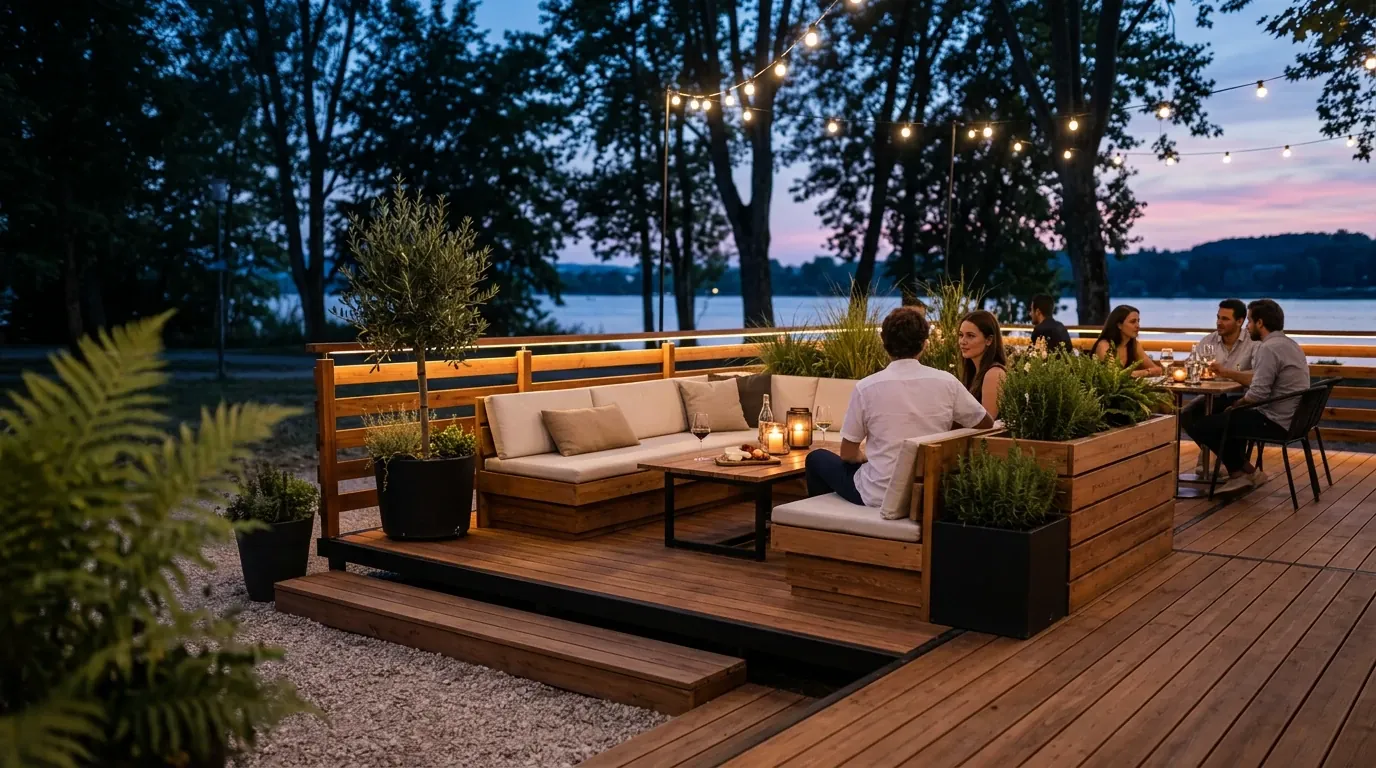 Espace lounge en bois prolongé par une terrasse de restauration, prêt à accueillir en soirée