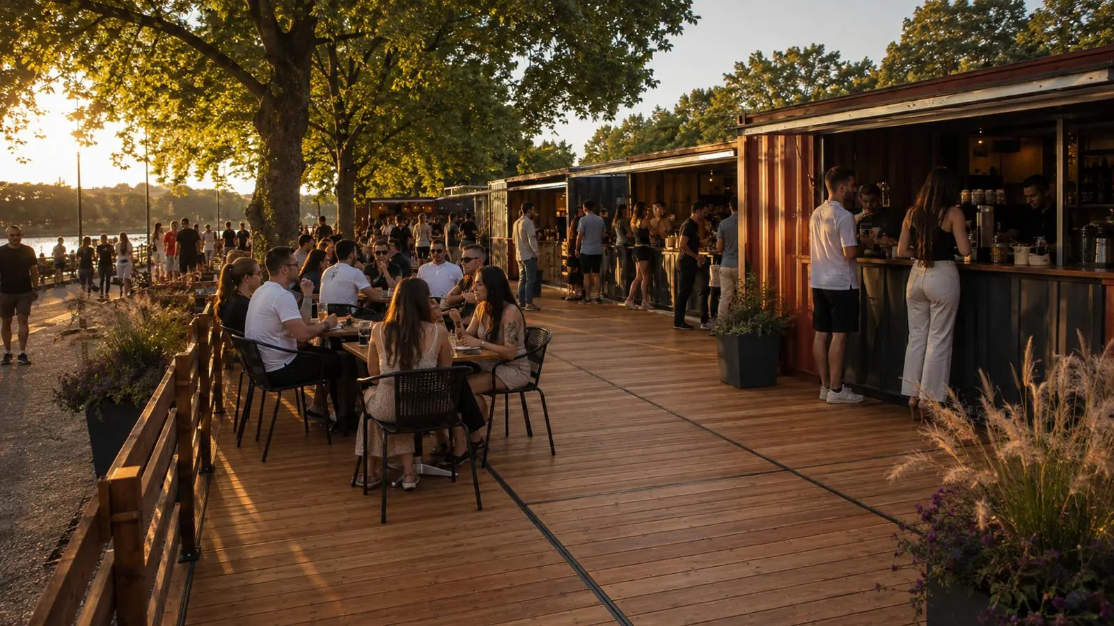 Espace multi-activités avec bar en container et terrasse bois au coucher du soleil