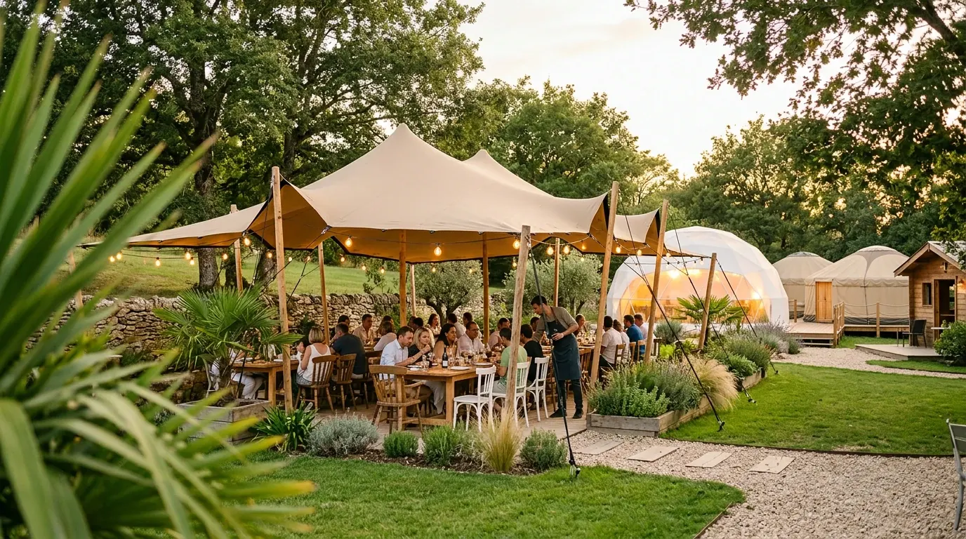 Espace de restauration extérieure sous tente et terrasse bois dans un domaine d'hôtellerie de plein air, au coucher du soleil