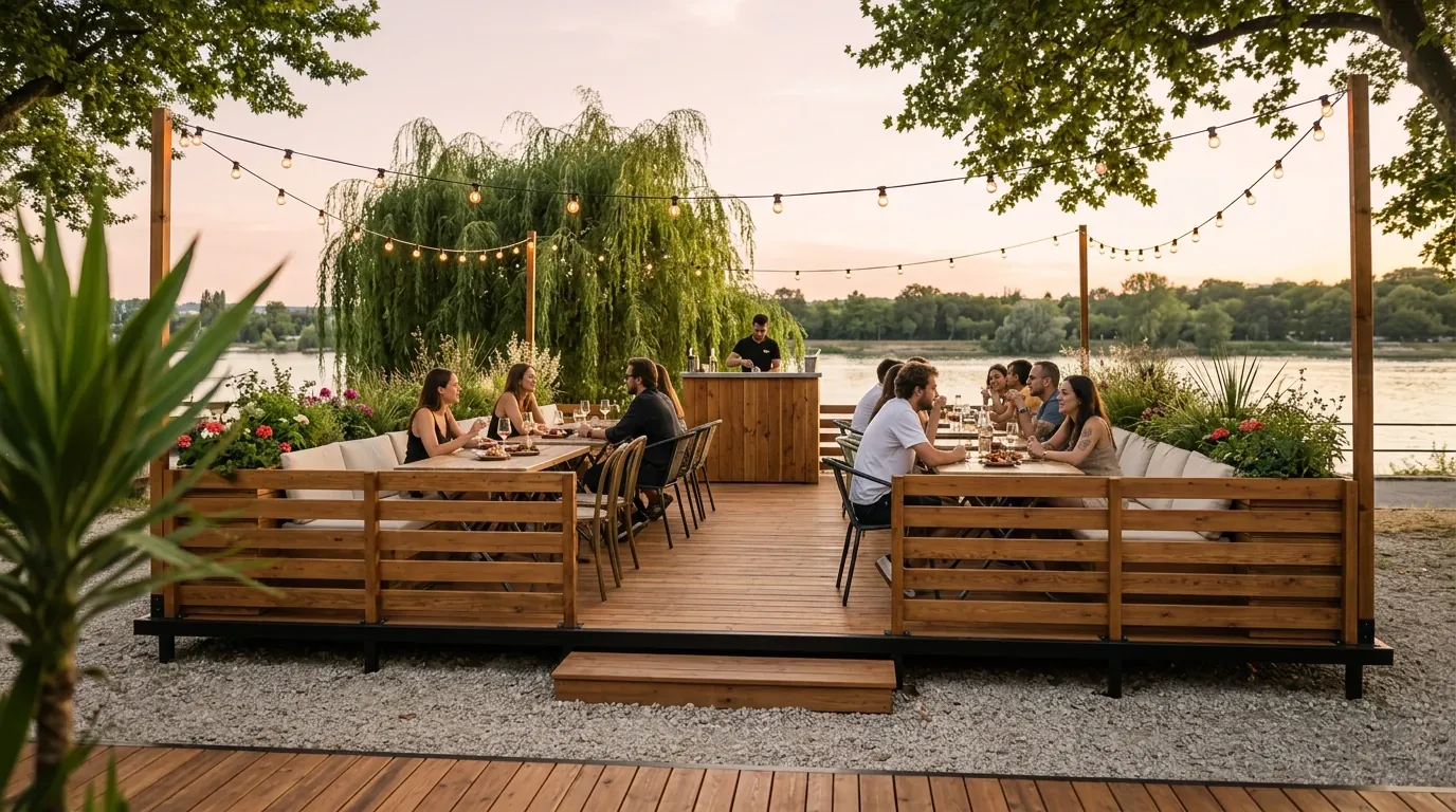 Guinguette en bois avec bar central, deux espaces de restauration et banquettes lounge au bord d'un fleuve