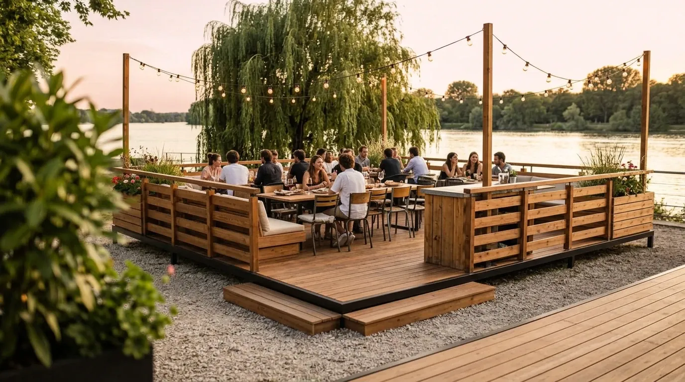 Guinguette au bord de l'eau : grande terrasse bois modulaire animée au coucher du soleil, bar et guirlandes lumineuses