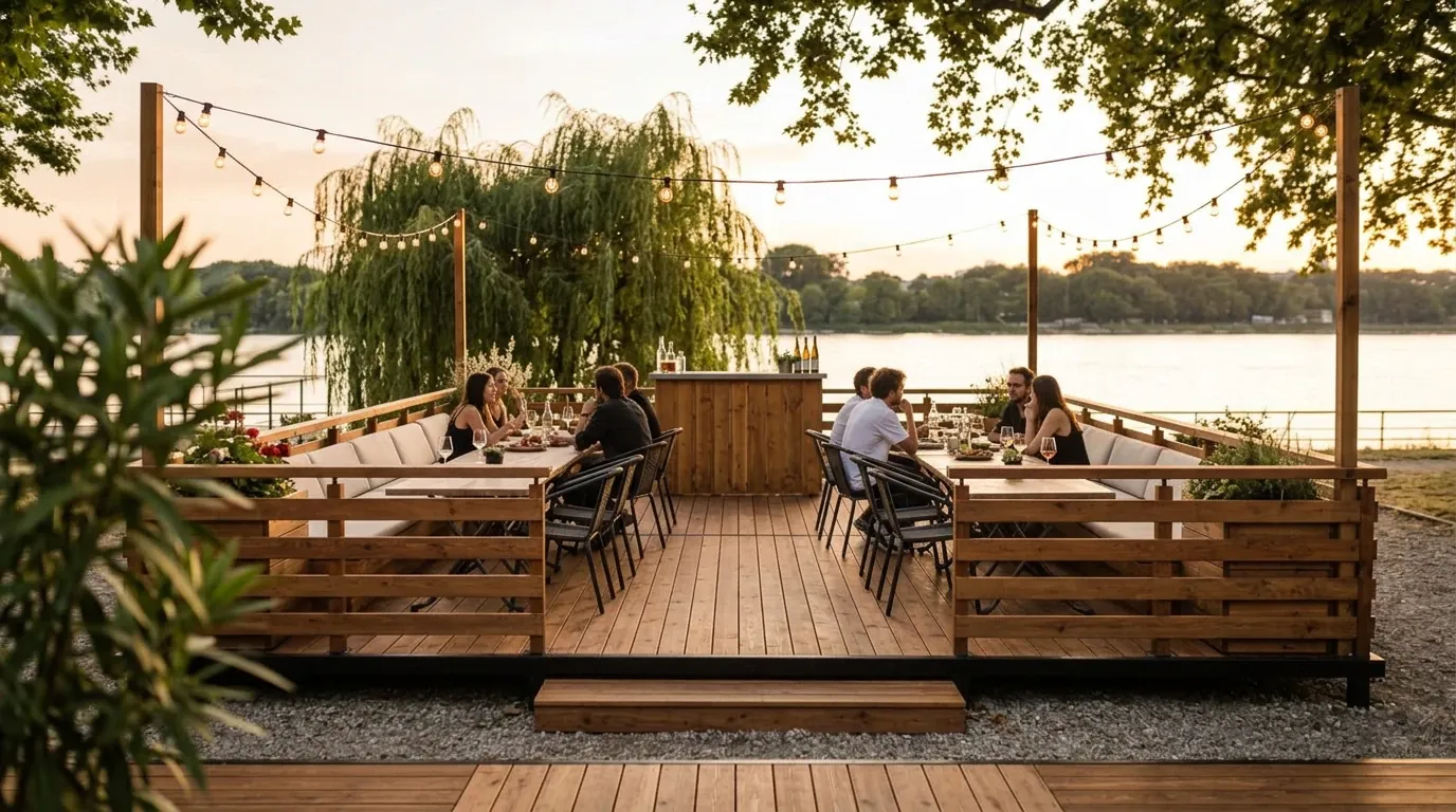 Terrasse de guinguette en bois sur une berge, avec bar et grandes tables conviviales