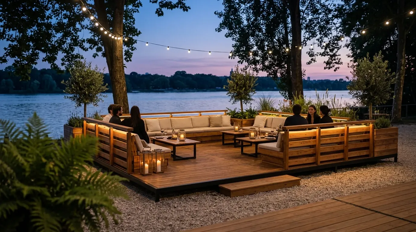 Lounge extérieur en bois au bord d'un lac en soirée, banquettes en U et éclairage intégré