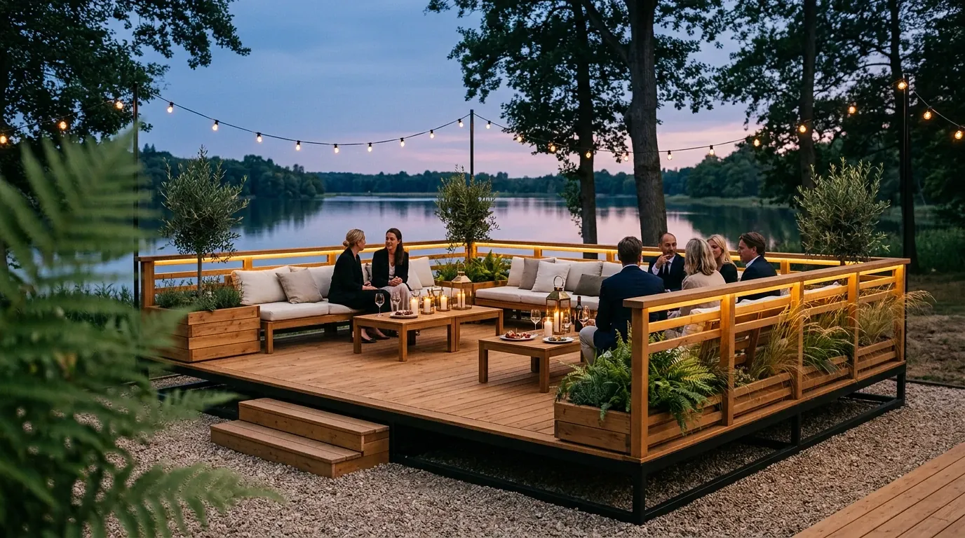 Plateforme lounge en bois surélevée au bord d'un lac au crépuscule, garde-corps et jardinières intégrés