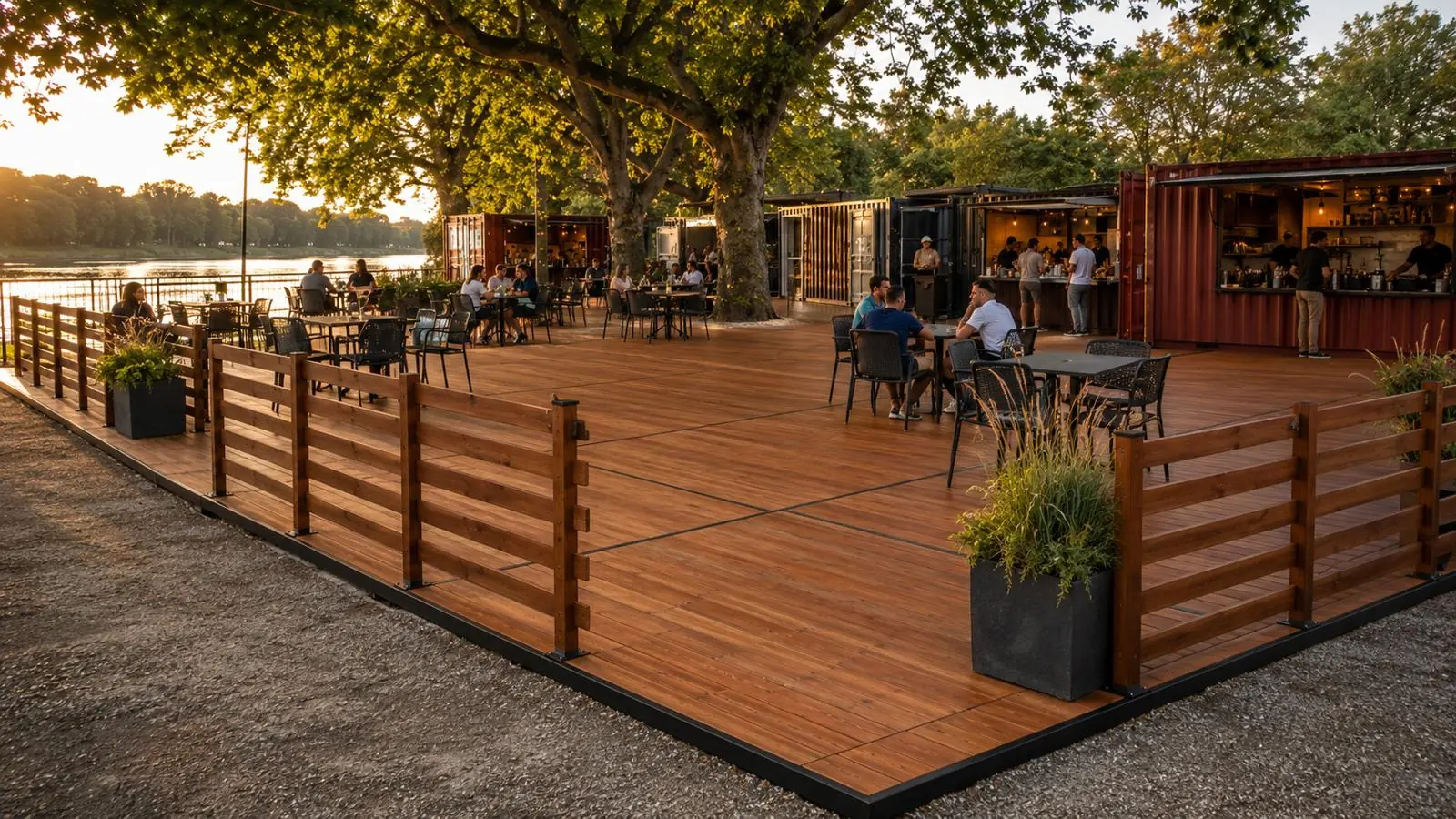 Terrasse bois modulaire Marc Verde installée face à l'eau