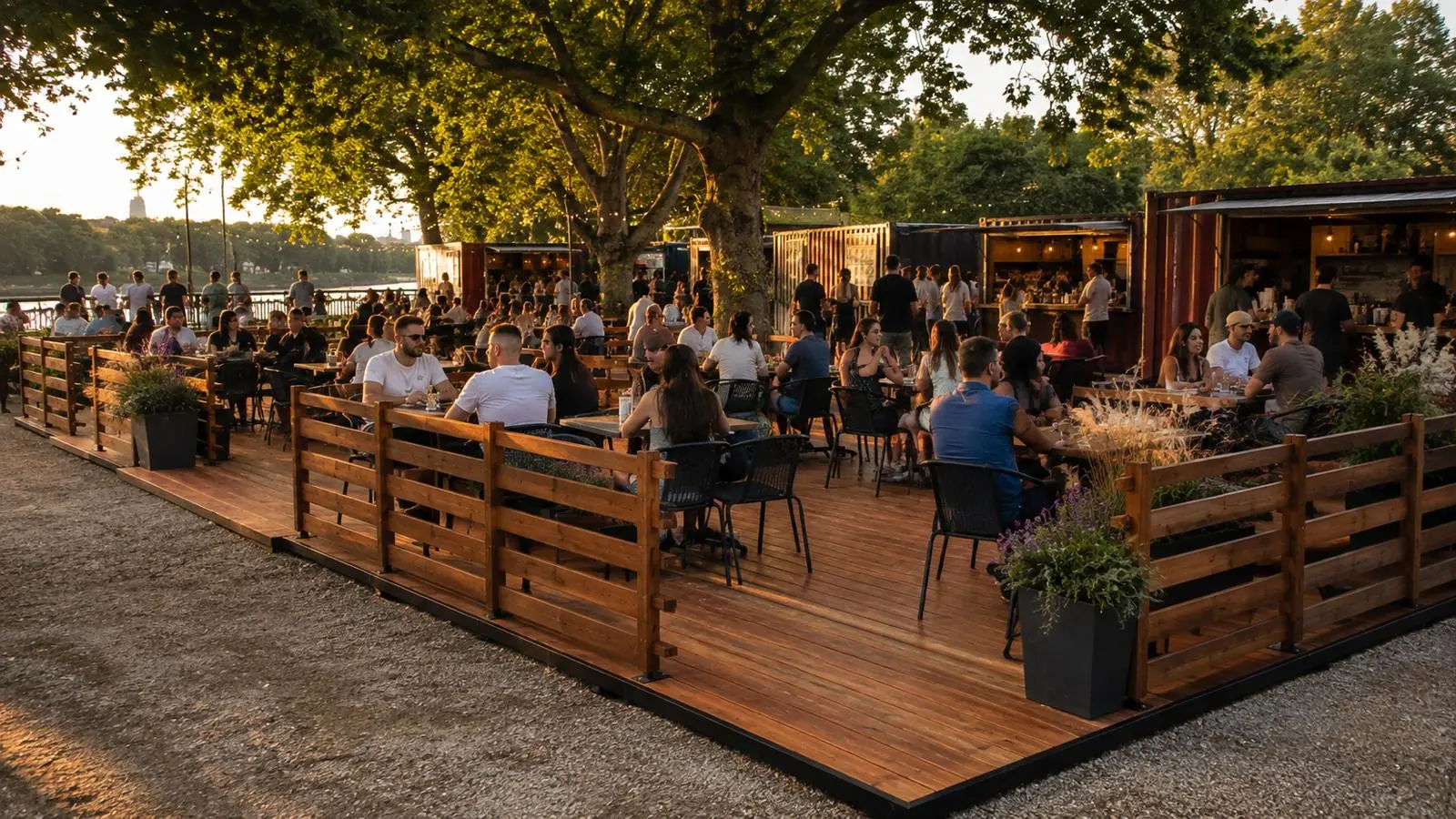 Terrasse de restaurant en bois modulaire Marc Verde pleine de clients en fin de journée