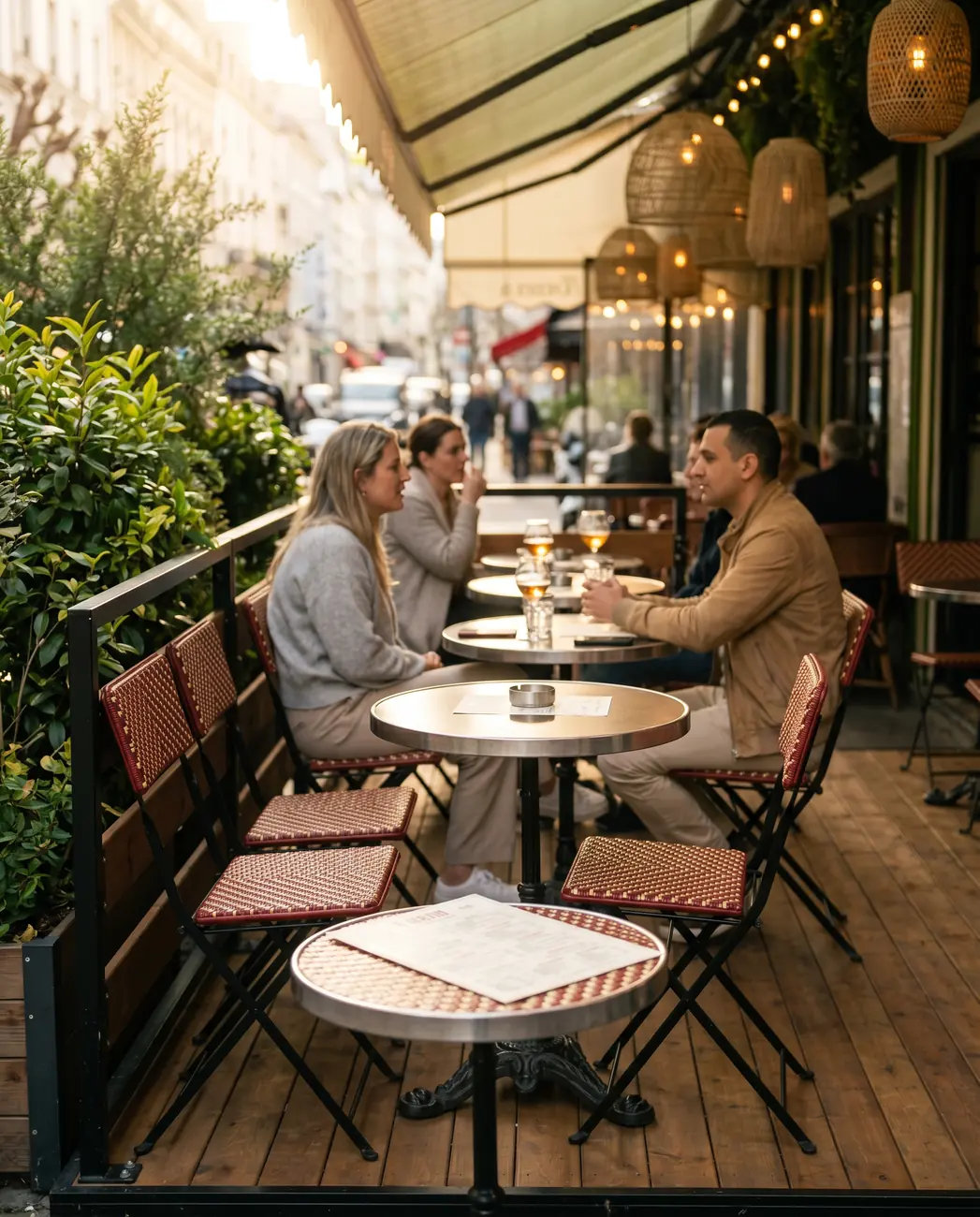 Terrasse de restaurant visible depuis la rue, mobilier assorti à l'enseigne