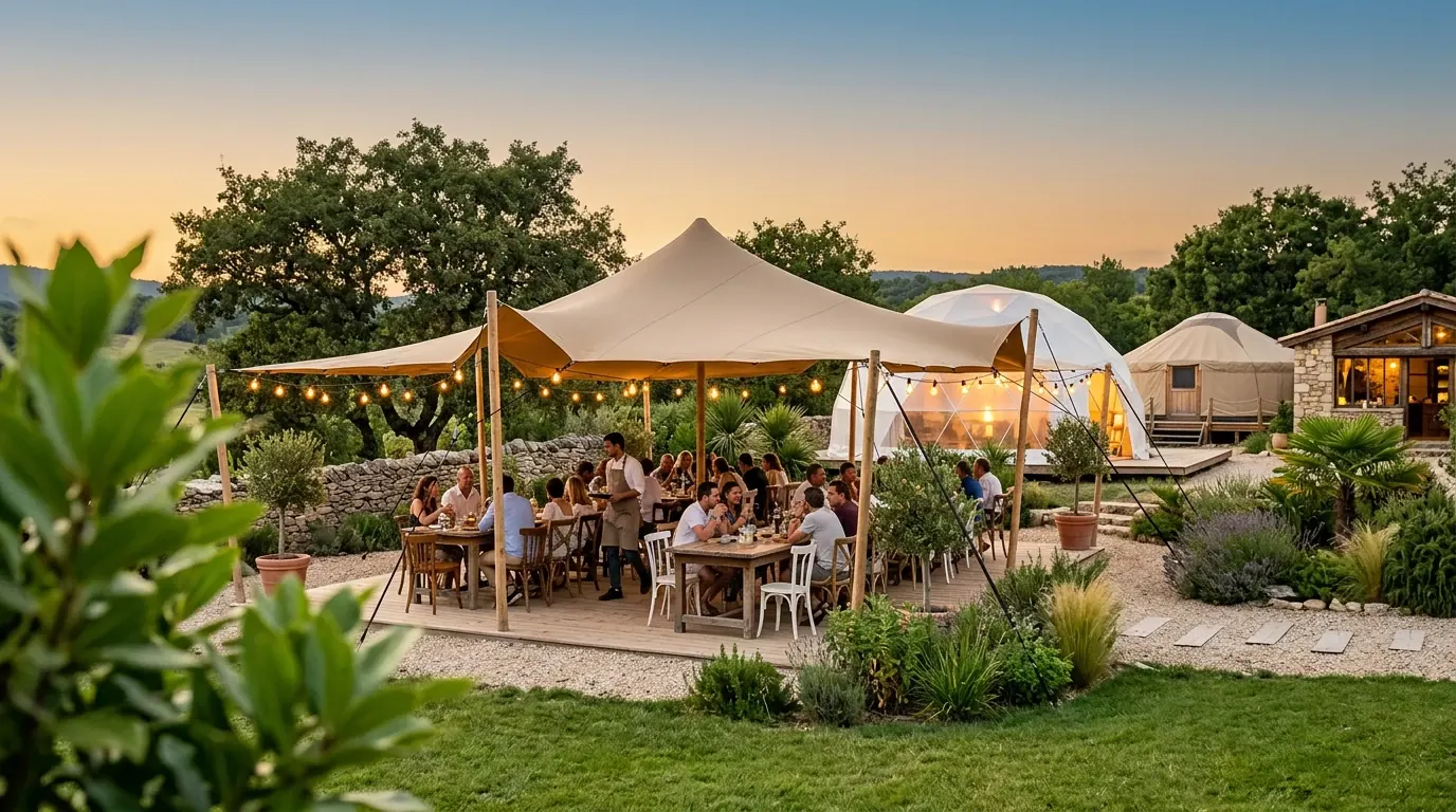 Terrasse de restauration en bois sous tente, dans un domaine d'hôtellerie de plein air au coucher du soleil