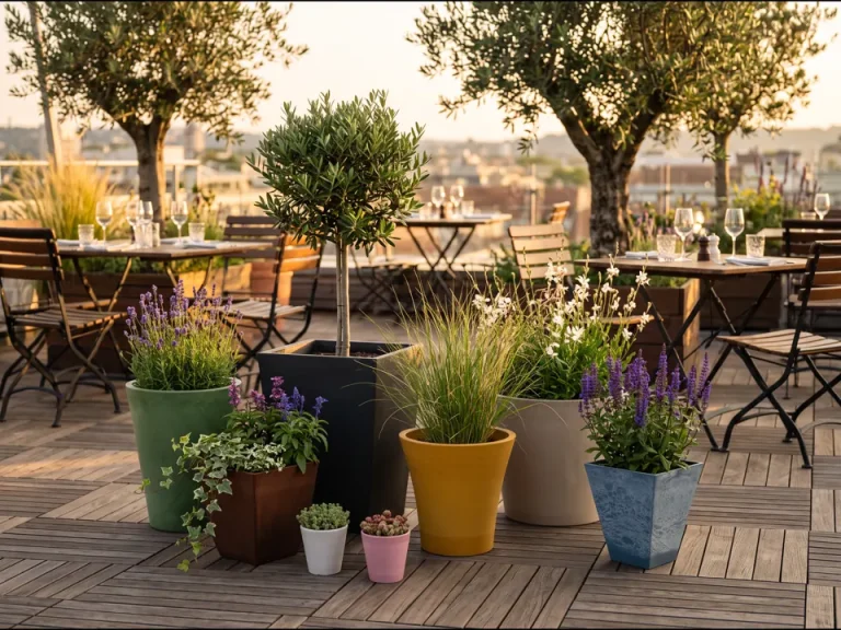 Pots de fleurs Terralia de couleurs variées plantés sur une terrasse de restaurant en bois